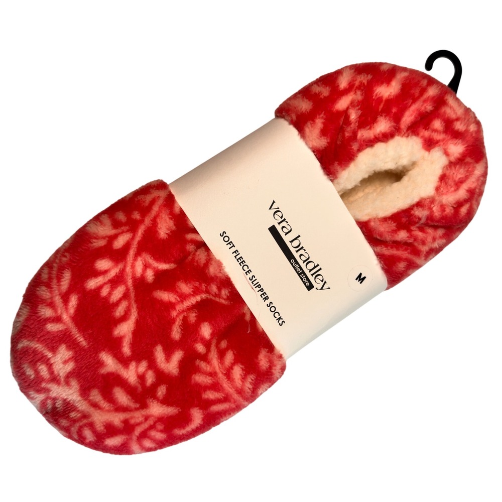 Vera Bradley Slipper Socks Red Fleece Leaves Faux Fur M 7-8